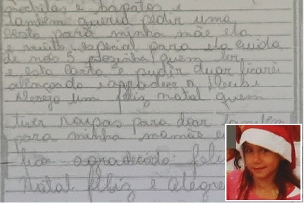 Carta que a menina fez pedia presentes para irmãos e mãe Foto: Reprodução