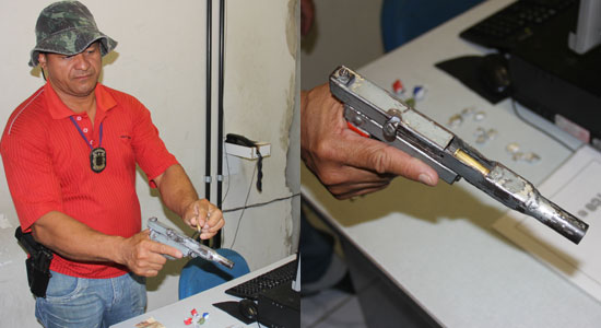 Policial Civil "Pesadelo" mostra com detalhe a arma artesanal com grande poder de fogo.