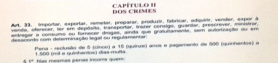 Segundo a Lei o traficante deve ficar de 5 a 15 anos preso, além de pagar multa de R$ 500 a R$ 1.500 de multa diária, com base no artigo 33.