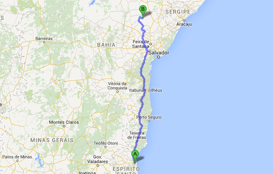 Segundo o Google Mapas a distância de São Mateus para Nordestina é de 1.086 km pela BR 101. Andando a pé direto ele faria em 218 horas.