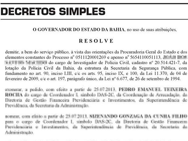 Investigador suspeito de matar a esposa em 2011 foi expulso da Polícia Civil da Bahia (Foto: Reprodução Diário Oficial da Bahia)