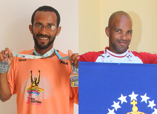 Kalunga exibe duas medalhas conquistadas nas duas maratonas que participou e Bilia a bandeira coiteense.
