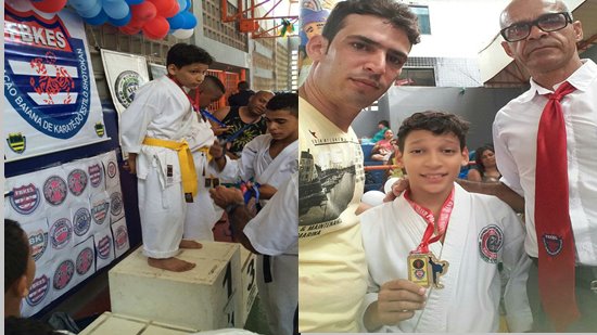 Itauã (faixa amarela) recebendo a medalha e na outra foto ao lado do pai Eudes e professor Luis (gravata vermelha)