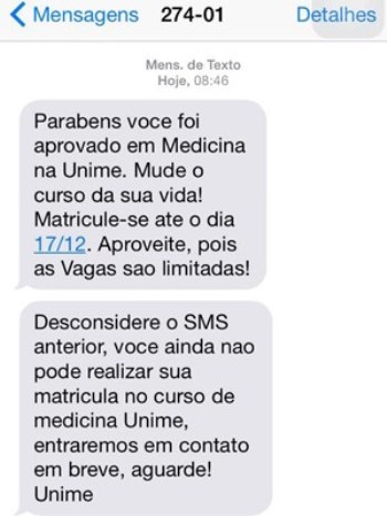 Mensagem errada de faculdade na Bahia