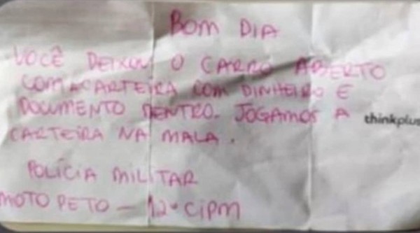 Policiais deixam bilhete para motorista que deixou carro com portas  destravadas e vidro aberto: 'Jogamos a carteira na mala' – Calila Noticias